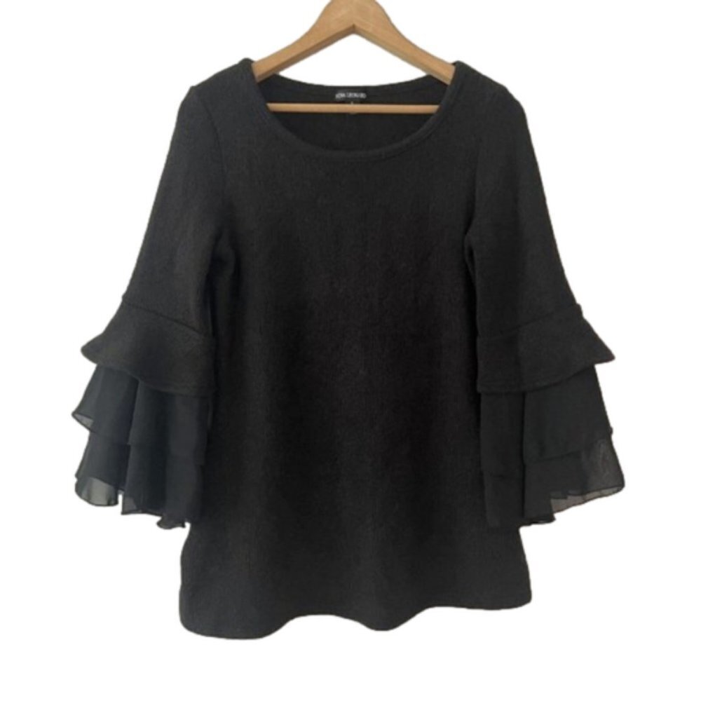 NEW Nina Leonard Black Chiffon Trim Bell Sleeve Sweater Size Small (bin 1J)